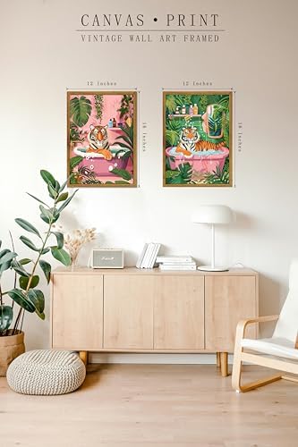 2-Pack Framed Whimsical Tiger In Bathtub Wall Art for Bathroom 12″×16″ | Jungle Bathroom Decor, Funny Animal Wall Art, Bathroom Wall Art, Wall Art Set of 2, Tiger Wall Art, Ready to Hang