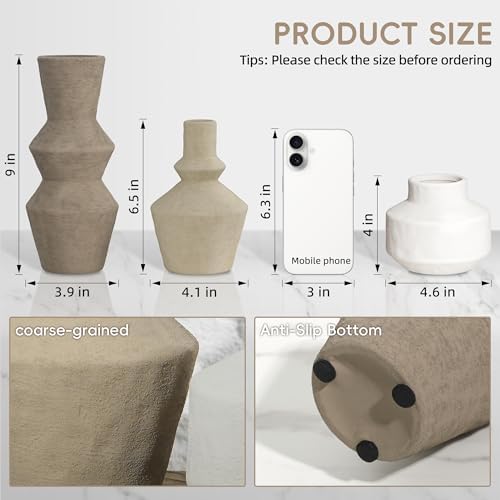 DREAMLOOM Modern Modern Ceramic Vase Set of 3, Brown | Funnel Shaped, Farmhouse Rustic, Pampas Grass, Home Decor, Living Room Bedroom Kitchen Shelf Centerpiece