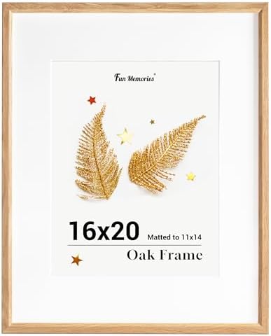 Fun Memories 16x20 Picture Frame, Solid Oak Wood Poster Frames, Modern Photo Frame for Wall 16x20 with 11x14 Mat, High Definition Plexiglass & Wall Hook Included (Beige, 1 Pack)