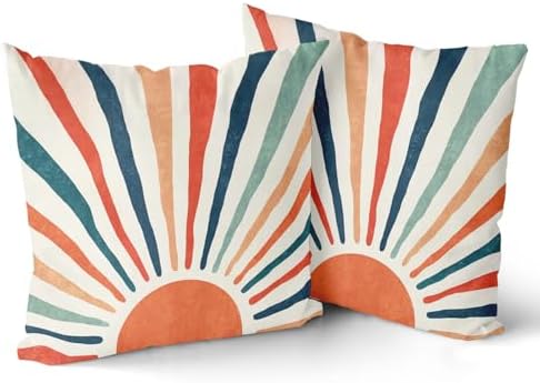 Giwawa Summer Pillow Covers 18x18in Set of 2 Colorful Boho Sun Sunset Sunrise Decorative Cotton Pillow Cases Sunshine Rainbow Stripes Throw Cushion Covers for Sofa Couch Bedding Patio