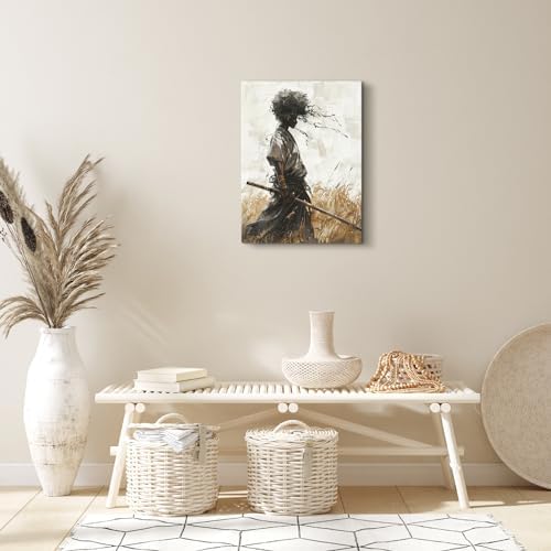 12"x18" African Samurai Canvas – Enigmatic Abstract Warrior Wall Art | Mystic African warrior dons kabuto beneath swirling abstracts. Afrofuturism meets bushido. Hook included, ready to hang.