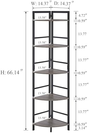 BON AUGURE Rustic Corner Shelf Stand, Tall Industrial Corner Bookshelf, Wood Metal 5 Tier Bookcase Shelves, Display Shelving Unit for Kitchen, Living Room (Dark Grey Oak)