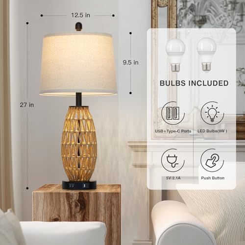 CINSARY 27" Rattan Table Lamps Set of 2, Boho Bedside Lamp for Bedroom with Night Light, Coastal Woven Wicker Nightstand Lamps with USB A+C Charging Port, Tall Farmhouse Living Room Lamp