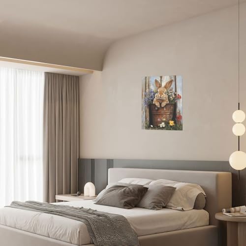 Crekviy Farmhouse Rabbit Decor Wall Art Vintage Bunny Flower Canvas Prints Painting Rustic Cute Animal Artwork Home Decorations for Bathroom Bedroom Living Room Framed Gifts 12"x16"