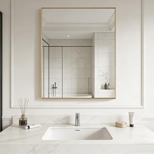 Bathroom Mirror for Wall, 40x30 Inch Framed Vanity Mirror Brushed Gold | Rectanglar Metal Beveled Framed Mirror for Over Sink, Tempered Glass, Anti-Rust, Hangs Horizontally or Vertically