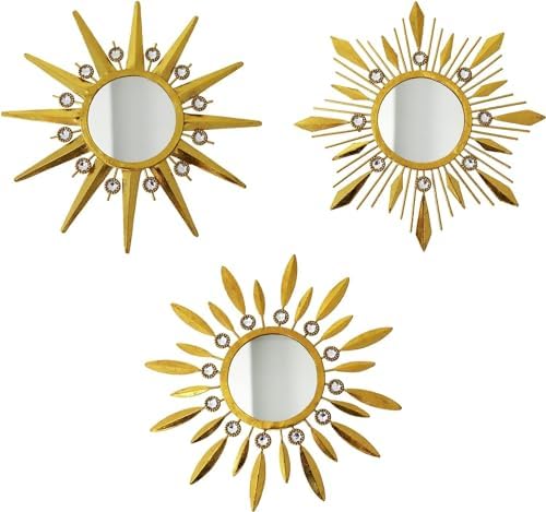 Champagne Gold Round Mirrors for Wall Art Pack of 3 Decorative Mirror | Wall Home Decor& Vintage Room Decor, Sunburst Circle Mirrors Modern Valentine Gifts for Women & Moms