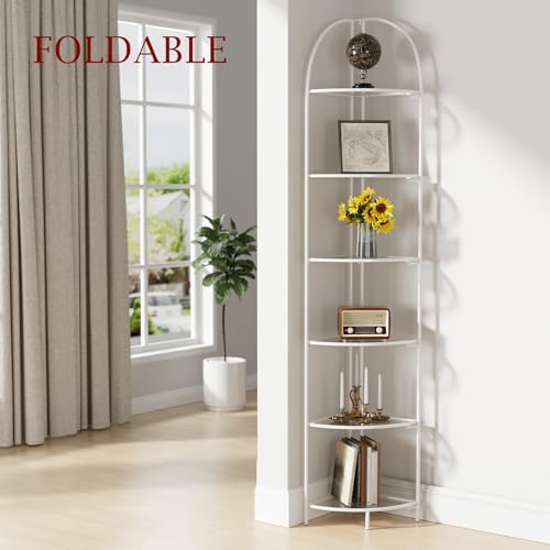 Crofy 6-Tier Foldable Corner Shelf, Metal White Frame & Transparent Shelves