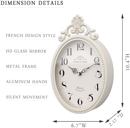Abdurey Small French Retro Decor Wall Clock, Ivory White Vintage Oval Style