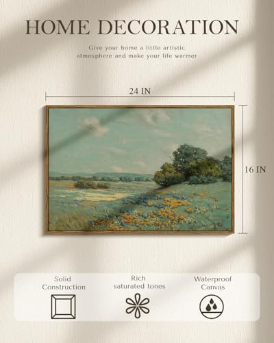 WHASAYART Vintage Large Framed Wall Art Summer Landscape Canvas Print 16x24 | Rustic Nature Scenery Wall Decor, Countryside Wildflower Meadow Artwork for Living Room Bedroom Farmhouse Home Decor Gift