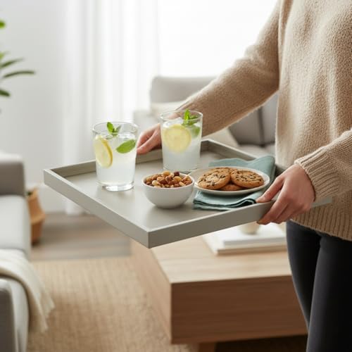 20x20 Inch Rectangular Ottoman Tray | Textured PU Leather, Waterproof & Heat-Resistant Storage for Coffee/Dining Tables, Sofa, Bed, Entertainment & Party (Tranquil Beige, 20 * 20in)