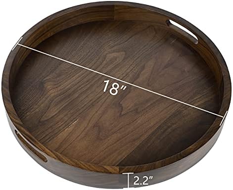 18" Round Medium Black Walnut Wood Ottoman Tray with Handle