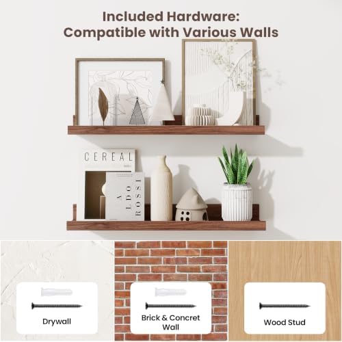 Axeman 20 Inch Floating Shelves, Walnut Picture Ledge Shelf Set of 3