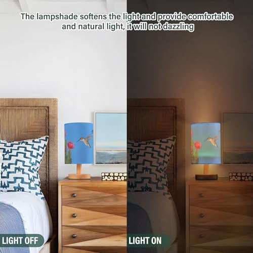Table Lamp Hummingbird Couple Flying to Cactus with Red Flower Blue Sky Nightstand Lamp with Wood Base Fabric Lamp Shade Bedside Desk Lamp for Living Room Bedroom Kids Room Office