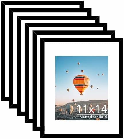 JCJMY 6 Packs 11x14 Picture Frames, Display 8x10 with Mat or 11x14 Without Mat, Black Gallery Wall Frame Set, 11 by 14 Frames Bulk Set of 6 Collage Wall Decor Photo Frames Set for Wall, Black