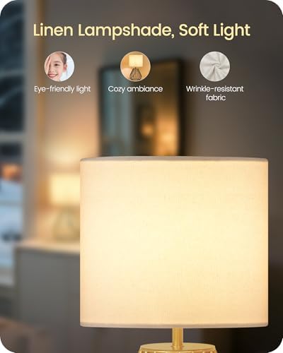 Gold Table Lamp Set of 2, Small Bedside Lamps Set of 2, 2700K LED Bulb Included, Gold Metal Base & White Linen Lampshade, Modern Nightstand Lamps for Bedroom, Living RoomDCW06TLP205