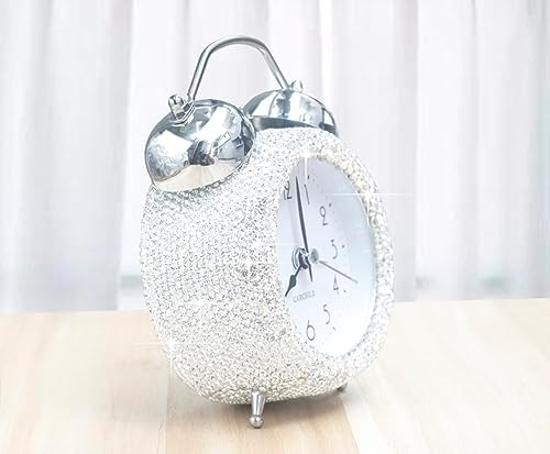 Bling Rhinestone Small Alarm Clock,5 inches in Height, Morning Call for Bedroom Houser Desktop, Home and Office Decorations AB (Silver)