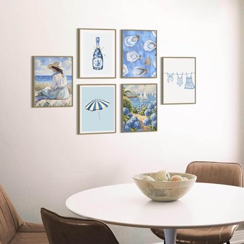 Coastal Cowgirl Wall Art Set of 6 Beach Canvas Wall Decor Blue Aesthetic Wall Art Preppy Coquette Poster Trendy Beachy Pictures Coastal Granddaughter Prints for Living Room Bedroom 8x10 Inch Unframed