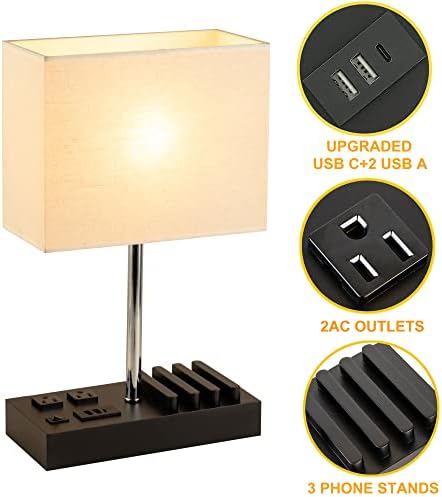 Briever USB Table Lamp, Multi-Functional Desk Lamp with 2 AC Outlets, Bedside Lamp with 3 USB Charging Ports and Wooden Phone Stands, Nightstand Lamp for Bedroom, Livingroom, Office, Linen Shade