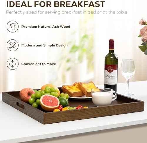 Axeman 22 Inch Large Square Wooden Ottoman Tray for Living Room|Extra Large Serving Tray with Handles for Coffee Table, Breakfast|Decorative Wood Tray for Ottoman Couch Sofa Kitchen|Walnut