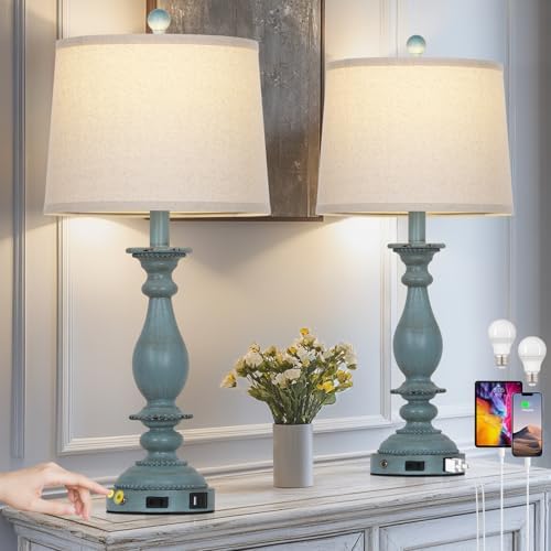 CINSARY 28" Tall Coastal Table Lamps for Living Room Set of 2, Farmhouse Rustic Blue Bedside Touch Lamp with USB C+A Ports & Outlet, 3-Way Dimmable Resin Nightstand Lamps for Bedroom Side End Table