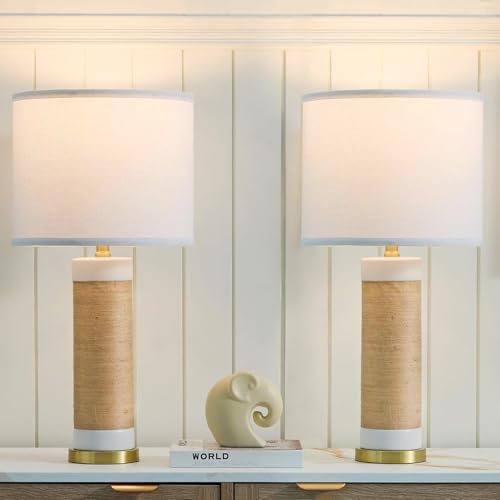 25.75" Rattan Ceramic Table Lamps, Wicker Lamps Set of 2 for Bedroom, White