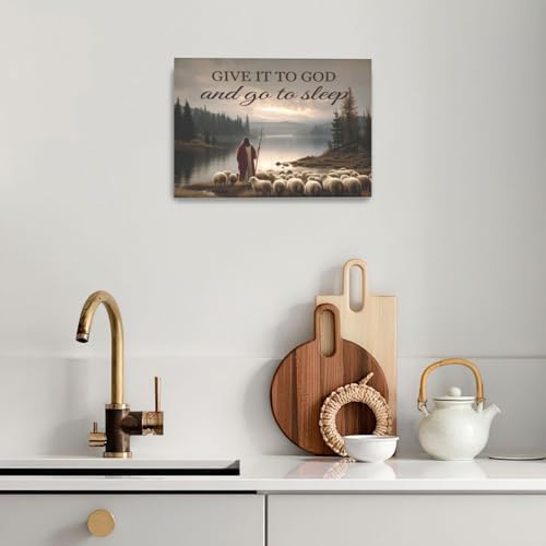 Jesus with Lamb Wall Art Jesus and Lamb Wall Decor Pictures Religious Christian Canvas Prints Painting God Faith Artwork Give it to God and Go to Sleep Decoration for Bedroom Framed Gifts 16"x24"