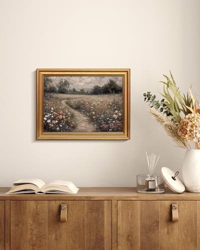 WHASAYART Gold Framed Vintage Wall Art for Living Room, Flowers Painting Prints Shelf Decor for Kitchen, Landscape Bedroom Wall Art, Christmas Gifts for Friends or Family (Flowers Path - 12"x16")
