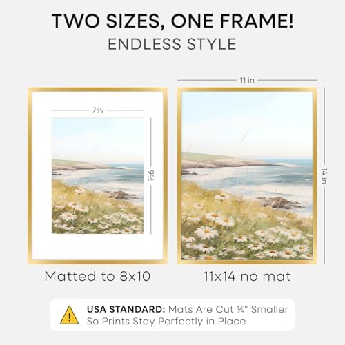 Homeforia 11x14 Gold Picture Frame, High-End Metal, 8x10 Mat, Glass