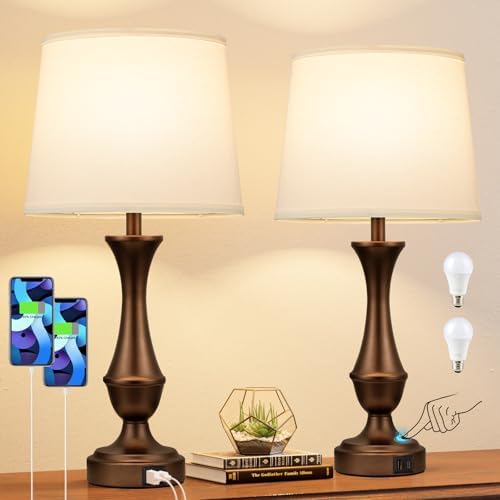 Touch Lamps for Nightstand, 3 Way Dimmable Lamps for Bedroom with USB C+A