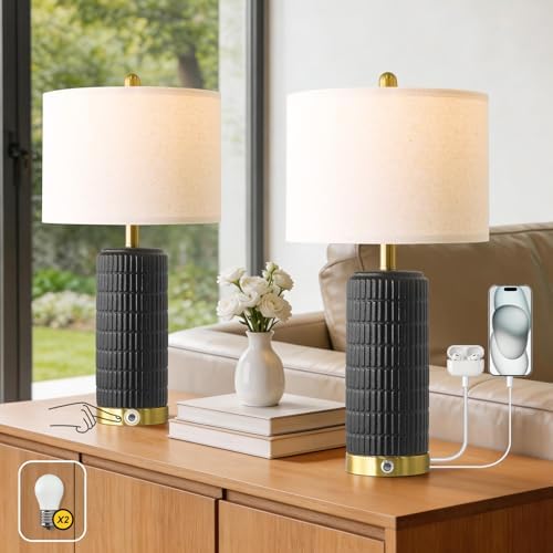 PoKat Ceramic Table Lamps Set of 2 for Living Room, 25'' Modern Touch Bedside Lamps for Bedroom with 2 USB Ports, Farmhouse Black Matte-Textured Nightstand Lamps Office Home Decor (Bulbs Included)