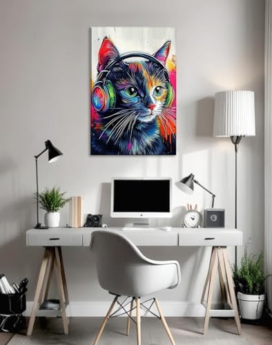 Cat Canvas Wall Art Graffiti Wall Decor Framed Funny Cat Listen to Music Picture Pet Painting Modern Pop Prints for Living Room Home Office Ready to Hang - 24.00"x36.00"