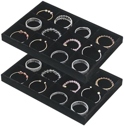 Byken 2 Pcs Bracelet Organizer Dish Tray,Stackable Jewelry Organizer Trays for Drawer,12 Grids Bracelet Jewelry Displays for Selling(Black)