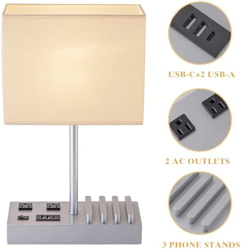 Briever USB Table Lamp, Multi-Functional Desk Lamp with 2 AC Outlets, Bedside Lamp with 3 USB Charging Ports and Wooden Phone Stands, Nightstand Lamp for Bedroom, Livingroom, Office, Silver Woodgrain