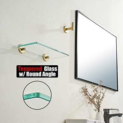 JQK Bathroom Glass Shelf Gold, Tempered Glass Shower Storage 12 by 5 inches, 304 Stainless Steel Brushed Gold Wall Mount, TGS101L12-BG