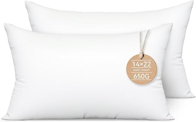 14x22 Lumbar Pillow Inserts 2-Pack for Sofa, Polyester Fill | 100% virgin fiber; Soft and fluffy; Maintains fullness; Low allergen; For accent chairs and lumbar support