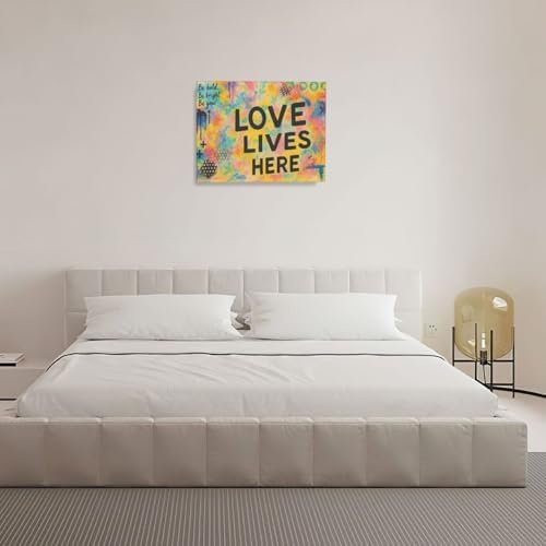 Crekviy Banksy Wall Art Street Graffti Wall Decor Romantic Love Canvas Prints Painting Love Lives Here Artwork Decorations for Bathroom Bedroom Living Room Framed Gifts 16"x20"