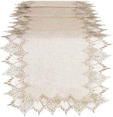 Phantomon Neutral Linen Table Runner 72 Inches Beige Embroidered Runner Lace Centerpiece for Dresser Tops, Dining Tables, Coffe Table and Home Decorations for Farmerhouse (Beige, 16 X 72 Inch)