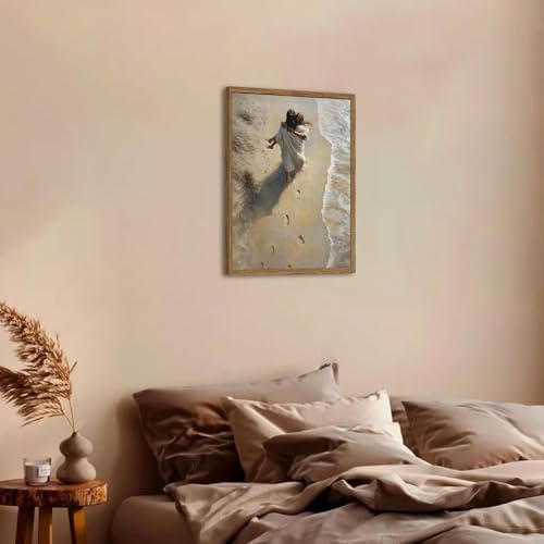 Jesus Hugging Woman Wall Art Jesus on the Beach Wall Decor 3D Textured Hand Drawn Sandstone Christian Decor Painting Footprints on the Beach Artwork for Bedroom Living Room 12x16 inch Wood Framed