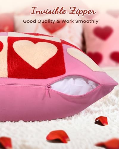 Valentines Pillow Cover 18x18 Inch - Embroidered Valentines Day Red White Hearts Design Throw Pillow Cover Decorations Soft Cushion Case Home Decor for Couch, Sofa, or Bed(1 Pack)