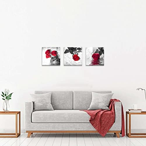 NAN Wind Canvas Print 3 Pcs Black White and Red Wall Art Rose Wall Decor Abstract Decorations Flower Picture on Canvas for Home Decor Stretched and Framed 12X12inches