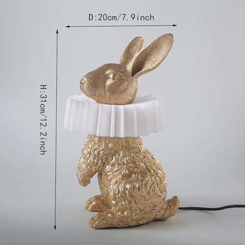 Gold Standing Bunny Lamp, Resin Scarf Rabbit Table Lamp with White Pleated PC Lampshade, USB Plug LED Nightstand Lamp, Cute Bedside Night Light for Bedroom Nursery Home Decor