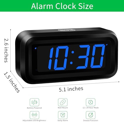 KWANWA Small Digital Alarm Clock, 1.2inch Dark Blue LED Digits, Adjustable Brightness, Dim Night Model, 12H/24H, Battery Operated, Wall Mount, Snooze, Clock for Kids Bedroom, Small Travel Clock