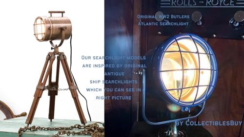 collectiblesBuy Antique Vintage Desktop Searchlight Adjustable Wooden Tripod Lamps LED Tabletop Copper Finish Spotlights Home Decor