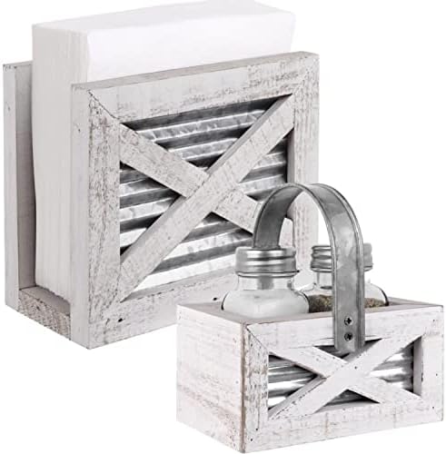 Autumn Alley Farmhouse Napkin Holder and Salt and Pepper Shakers Set - Wood Holder with Barn Door Motif, Galvanized Metal - Rustic Napkin Holder for Country Kitchen Decor (White)
