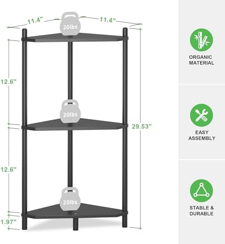 Wisuce Black Small Corner Shelf Stand, 3-Tier Bamboo Corner Bookshelf