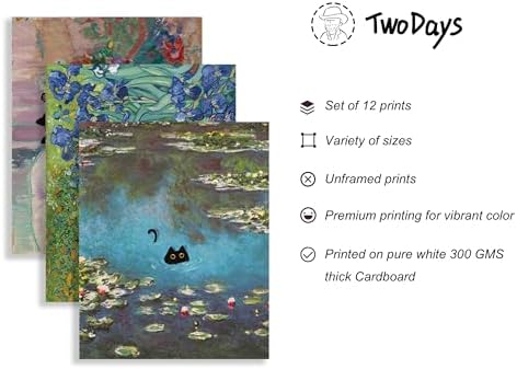 TwoDays Vintage Black Cat Room Decor, Funny Cats in Famous Painting, Monet Van Gogh Matisse Wall Art Prints for Bathroom Bedroom Aesthetic (Multi Sizes, Set of 12, 8" X 10" Largest, UNFRAMED)