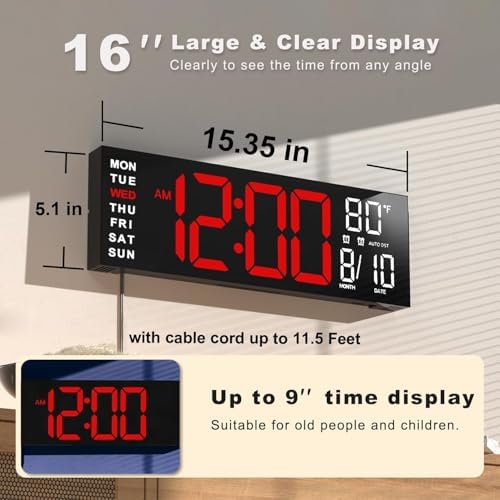 JALL 16" Large Digital Wall Mount Clock, Count Down Timer, Alarm, Big LED, RGB Color, DST, Temperature for Living Room Classroom Desk, Xmas, Birthday Gift for Senior Mom Dad (Red White, 16 inches)