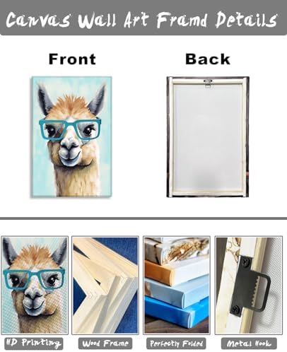 Large Alpaca Canvas Wall Art Nursery Wall Decor Funny Animals Wearing Glasses Pictures Prints Cute Camel Painting Framed Artwork for Living Room Bedroom Bathroom Home Decoration - 28.00"x42.00"