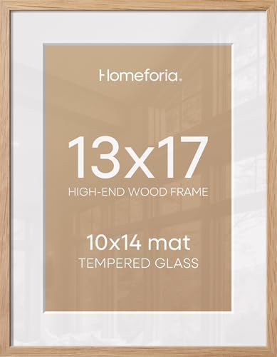 Homeforia 13x17 Natural Oak Picture Frame, High-End Wood, 10x14 Mat, Glass