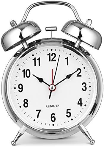 Bernhard Products Analog Alarm Clock Twin Bell 4" Silver Metal Extra Loud Quartz Battery Operated with Backlight Silent Non-Ticking for Bedside Desk Vintage Retro Antique Decorative Old School, Chrome